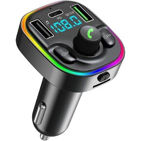 Bluetooth 5.3 FM Transmitter Car Adapter - Car Bluetooth Adapter with Fast Charger[PD 30W & QC3.0 18W],Hi-Fi Audio & Clear Calls,7 Colors LED Backlit
