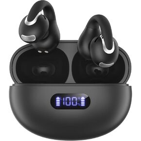 Open Ear Clip Wireless Earbuds Bluetooth 5.4, Lightweight Comfort Sports Bone Conduction Headphones Built-in Mic for Clear Audio, Stable Fit Earphones 24H Play-Black