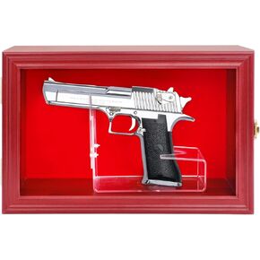 Single Handgun Pistol Revolver Gun Display Case Wall Mount Lockable Black Felt Wood Cabinet w/ 98% UV Protection Acrylic Clear Door Gun Shadow Box Stand Rack Holder