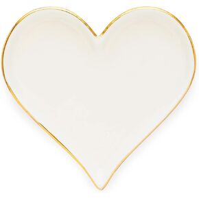 Sugar Paper Trinket Tray, Small Round Heart, 3" x 3", Ceramic Ring Dish, White Ceramic With Gold Painted Details