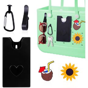 Phone Holder for Bogg Bag - Plastic Cell Phone Holder with Key Holder and Charms for Beach Bag Accessories, Practical Insert Organize Accessories Compatible with Bogg Bag/Simply Southern Bag Black