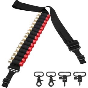 Bedone Shotgun Sling with 15-Round(12 Gauge) Shellholder, Metal Hooks and Mil-Spec Swivels Adapters(Studs Included), Adjustable Strap Length Gun Sling for Shotgun Hunting