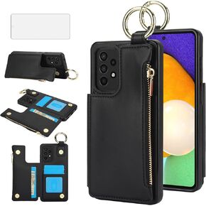 Asuwish Phone Case for Samsung Galaxy A52/A52S 5G with Tempered Glass Screen Protector Cover and Cell Stand Zipper RFID Card Holder Kickstand Ring Wallet A 52 S 4G G5 52A S52 52S Women Men Dark Purple