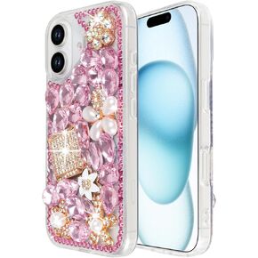 Losin Compatible with iPhone 16 Plus Bling Case for Women Girls Cute Luxury 3D Glitter Diamond Crystal Rhinestone Sparkle Shiny Gemstone Perfume Bottle and Flower Cover Soft TPU Bumper, Pink in Kuwait