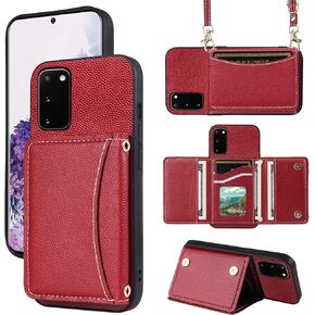 Phone Case for Samsung Galaxy S20 5G 6.2inch Wallet Cover with Crossbody Shoulder Strap and Leather Credit Card Holder Pocket Slim Stand Cell Accessories S 20 20S UW S2O G5 Women Girls Red