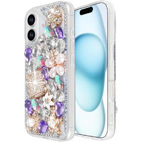 Losin Compatible with iPhone 16 Plus Bling Case for Women Girls Cute Luxury 3D Glitter Diamond Crystal Rhinestone Sparkle Shiny Gemstone Perfume Bottle and Flower Cover Soft TPU Bumper, Pink