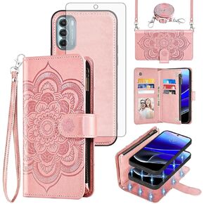 Asuwish Phone Case for Motorola Moto G Stylus 5G 2022 Zipper Wallet Detachable Cell Cover with Tempered Glass Screen Protector Strap Flower Card Holder Slot XT2215-1 XT2215-4 XT2215DL Women Girls Gray