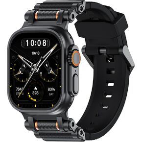 TAURI Designed for Apple Watch Band for Apple Watch Ultra 2/ Ultra 49mm [Liquid Silicone + Stainless Steel Metal Connector Band] for Series 10/9/8/7/6/SE/5/4 46mm/45mm/44mm Men