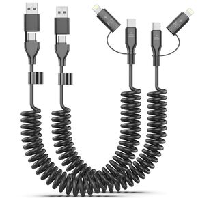 Coiled USB-C and Lightning Cable 2-in-1, 2 Pack, 3FT iPhone 15 Car Charger Cord, 60W Fast Charging Cable for iPhone 15, Samsung Galaxy, Google Pixel, Supports Apple CarPlay & Android Auto - Black