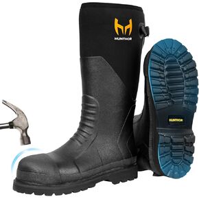 Rubber Work Boots, Puncture-Proof with Steel Toe & Shank, Lightweight Waterproof Anti Slip EVA Outsole Hunting Boots for Men, 6mm Neoprene for Construction, Manufacturing or Farming(Size 6-14)