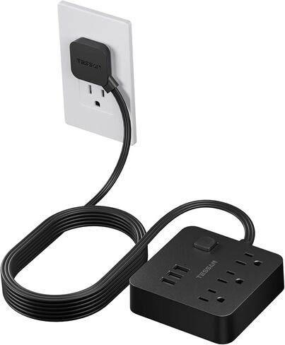 شريط طاقة مسطح، سلك تمديد رفيع للغاية من TESSAN مع 3 شاحن حائط USB، محطة شحن مكتبية رفيعة بطول 5 أقدام مدمجة لسفينة الرحلات البحرية، السفر، المنزل، المكتب، أساسيات غرفة النوم، أسود in Saudi Arabia