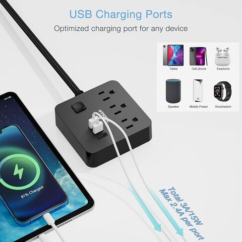 شريط طاقة مسطح، سلك تمديد رفيع للغاية من TESSAN مع 3 شاحن حائط USB، محطة شحن مكتبية رفيعة بطول 5 أقدام مدمجة لسفينة الرحلات البحرية، السفر، المنزل، المكتب، أساسيات غرفة النوم، أسود in Saudi Arabia