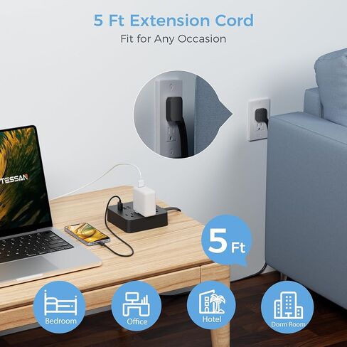 شريط طاقة مسطح، سلك تمديد رفيع للغاية من TESSAN مع 3 شاحن حائط USB، محطة شحن مكتبية رفيعة بطول 5 أقدام مدمجة لسفينة الرحلات البحرية، السفر، المنزل، المكتب، أساسيات غرفة النوم، أسود in Saudi Arabia