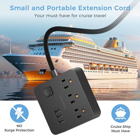 شريط طاقة مسطح، سلك تمديد رفيع للغاية من TESSAN مع 3 شاحن حائط USB، محطة شحن مكتبية رفيعة بطول 5 أقدام مدمجة لسفينة الرحلات البحرية، السفر، المنزل، المكتب، أساسيات غرفة النوم، أسود in Saudi Arabia