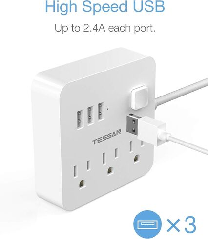 شريط طاقة مسطح، سلك تمديد رفيع للغاية من TESSAN مع 3 شاحن حائط USB، محطة شحن مكتبية رفيعة بطول 5 أقدام مدمجة لسفينة الرحلات البحرية، السفر، المنزل، المكتب، أساسيات غرفة النوم، أسود in Saudi Arabia