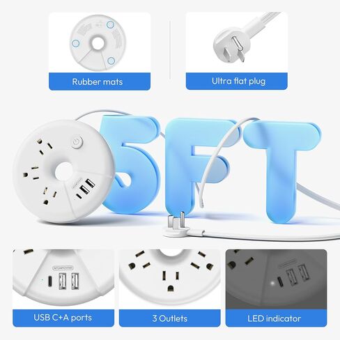 Travel Power Strip with USB Ports, NTONPOWER Cruise Approved Power Strip with 3 Outlet 3 USB, 5 ft Extension Cord with USB Ports, Compact for Indoor Home Office Dorm Room Cruise Essentials, White in Kuwait