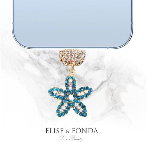 ELISE & FONDA CP371 منفذ شحن USB كريستال مضاد للغبار قابس هاتف Little Starfish لهاتف iPhone 13/12/11/ XS MAX/XR/X/8 Plus/7/6S/8/SE iPad iPod (أزرق) in Kuwait