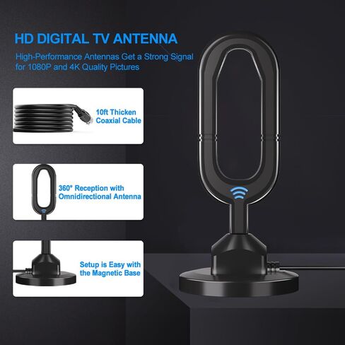 TV Antenna Digital HDTV Antenna 360° Reception Strong Magnetic Metal Base Indoor Tv Antenna Support 8K 4K 1080p All Older and Smart TV's in Saudi Arabia