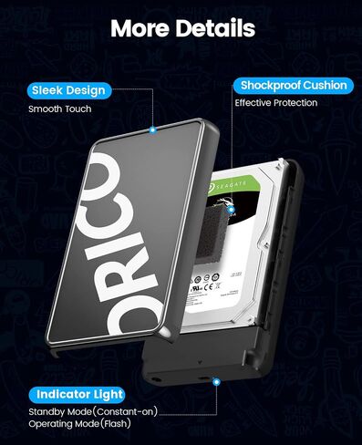 ORICO Trendy 2.5 inch Hard Drive Enclosure USB 3.1 Gen 1 to SATA III 5Gbps UASP External Hard Drive Enclosure for All 7mm 9.5mm 2.5 inch SATA SSD HDD Up to 8TB, Tool-Free, Black[CP25U3] in Saudi Arabia