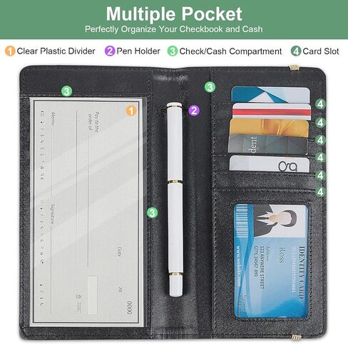 غطاء دفتر الشيكات لدفتر الشيكات الشخصي، غطاء سجل دفتر الشيكات RFID مع حامل قلم ومقسم بلاستيكي شفاف مدمج للشيكات المكررة in Kuwait