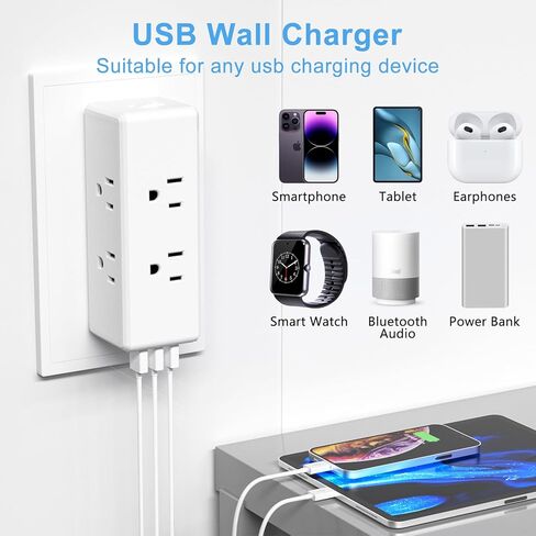 موسع ذو 6 منافذ مع مفتاح و3 منافذ USB (شحن سريع 3.1 أمبير) - واقي من زيادة التيار متباعد على نطاق واسع لمساكن الطلبة الجامعيين والسفر واستخدام المنزل/المكتب in Kuwait