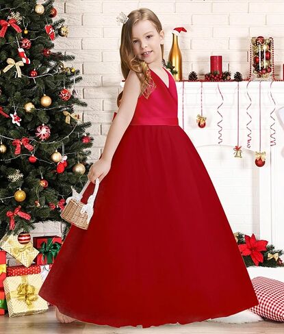 فساتين الفتيات زهرة 5-14Y الخامس الرقبة تول فتاة اللباس الأنيق حزب الكرة ثوب مع عقدة القوس in Kuwait