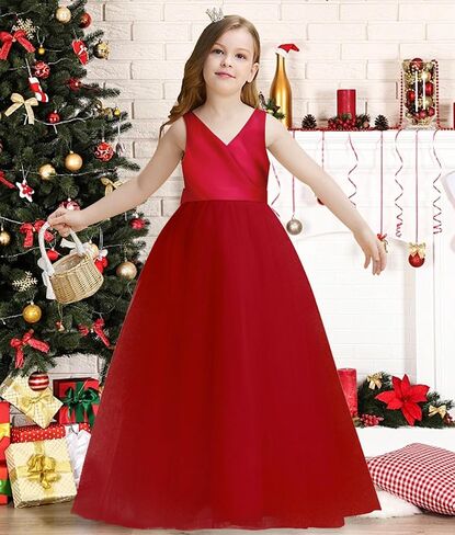 فساتين الفتيات زهرة 5-14Y الخامس الرقبة تول فتاة اللباس الأنيق حزب الكرة ثوب مع عقدة القوس in Kuwait