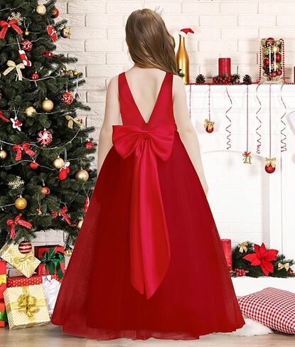 فساتين الفتيات زهرة 5-14Y الخامس الرقبة تول فتاة اللباس الأنيق حزب الكرة ثوب مع عقدة القوس in Kuwait