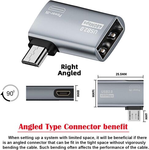 cablecc Micro USB 2.0 to USB Standard Type-A Female OTG Host Adapter Left Angled 90 Degree with Micro USB Power for Phone Tablet in Kuwait