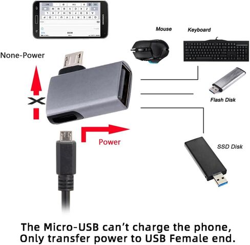 cablecc Micro USB 2.0 to USB Standard Type-A Female OTG Host Adapter Left Angled 90 Degree with Micro USB Power for Phone Tablet in Kuwait