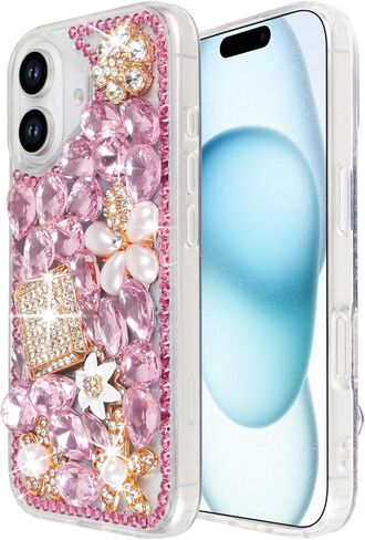 Losin Compatible with iPhone 16 Plus Bling Case for Women Girls Cute Luxury 3D Glitter Diamond Crystal Rhinestone Sparkle Shiny Gemstone Perfume Bottle and Flower Cover Soft TPU Bumper, Pink in Kuwait