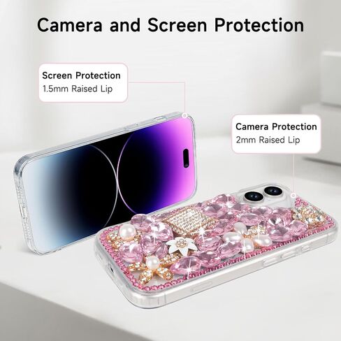 Losin Compatible with iPhone 16 Plus Bling Case for Women Girls Cute Luxury 3D Glitter Diamond Crystal Rhinestone Sparkle Shiny Gemstone Perfume Bottle and Flower Cover Soft TPU Bumper, Pink in Kuwait