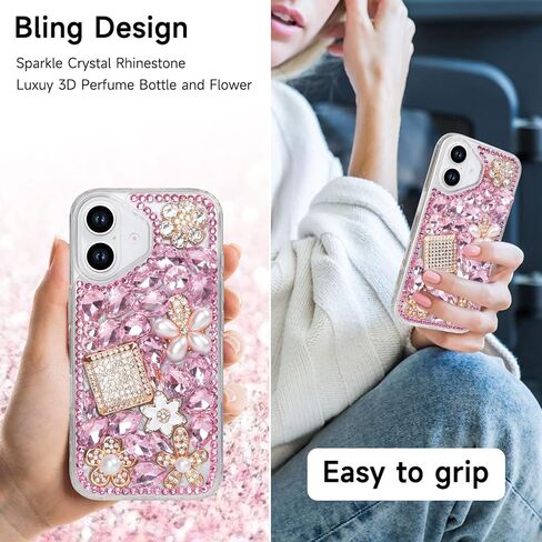 Losin Compatible with iPhone 16 Plus Bling Case for Women Girls Cute Luxury 3D Glitter Diamond Crystal Rhinestone Sparkle Shiny Gemstone Perfume Bottle and Flower Cover Soft TPU Bumper, Pink in Kuwait