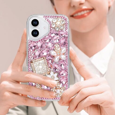 Losin Compatible with iPhone 16 Plus Bling Case for Women Girls Cute Luxury 3D Glitter Diamond Crystal Rhinestone Sparkle Shiny Gemstone Perfume Bottle and Flower Cover Soft TPU Bumper, Pink in Kuwait