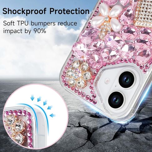 Losin Compatible with iPhone 16 Plus Bling Case for Women Girls Cute Luxury 3D Glitter Diamond Crystal Rhinestone Sparkle Shiny Gemstone Perfume Bottle and Flower Cover Soft TPU Bumper, Pink in Kuwait