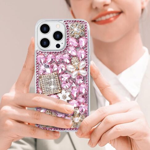 Losin Compatible with iPhone 16 Plus Bling Case for Women Girls Cute Luxury 3D Glitter Diamond Crystal Rhinestone Sparkle Shiny Gemstone Perfume Bottle and Flower Cover Soft TPU Bumper, Pink in Kuwait