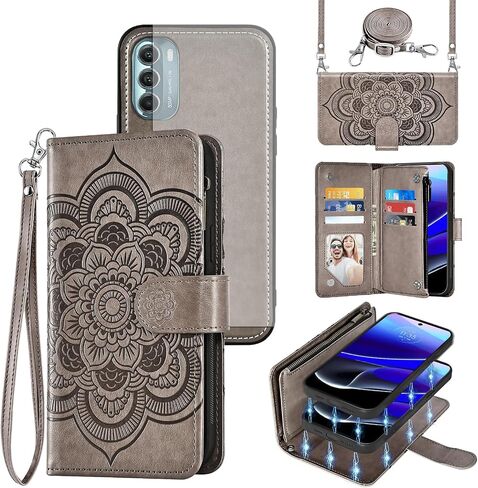 Asuwish Phone Case for Motorola Moto G Stylus 5G 2022 Zipper Wallet Detachable Cell Cover with Tempered Glass Screen Protector Strap Flower Card Holder Slot XT2215-1 XT2215-4 XT2215DL Women Girls Gray in Saudi Arabia