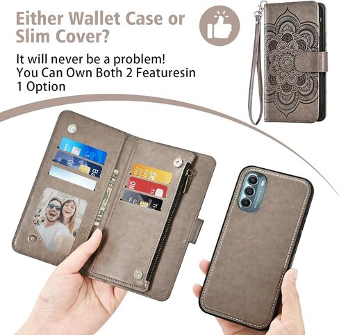 Asuwish Phone Case for Motorola Moto G Stylus 5G 2022 Zipper Wallet Detachable Cell Cover with Tempered Glass Screen Protector Strap Flower Card Holder Slot XT2215-1 XT2215-4 XT2215DL Women Girls Gray in Saudi Arabia