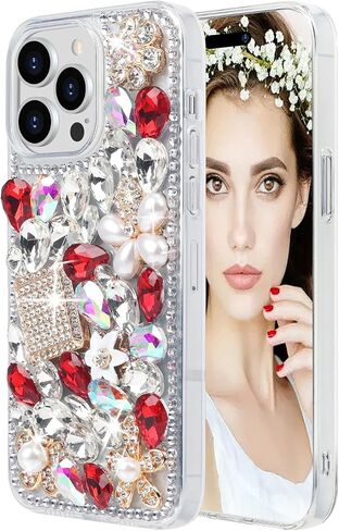 Losin Compatible with iPhone 16 Plus Bling Case for Women Girls Cute Luxury 3D Glitter Diamond Crystal Rhinestone Sparkle Shiny Gemstone Perfume Bottle and Flower Cover Soft TPU Bumper, Pink in Saudi Arabia