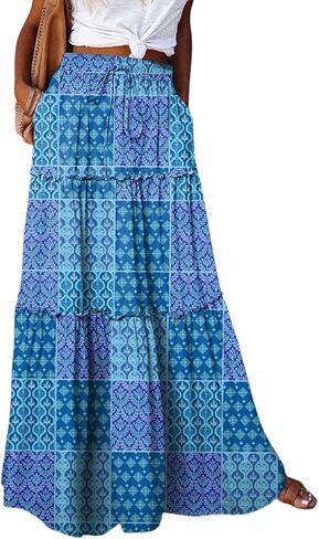 Happy Sailed Womens Floral Print Boho Maxi Skirt Elastic High Waist Pleated Ruffle Flowy Long Skirts S-XL in Kuwait