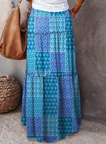 Happy Sailed Womens Floral Print Boho Maxi Skirt Elastic High Waist Pleated Ruffle Flowy Long Skirts S-XL in Kuwait