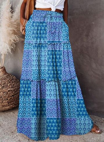 Happy Sailed Womens Floral Print Boho Maxi Skirt Elastic High Waist Pleated Ruffle Flowy Long Skirts S-XL in Kuwait