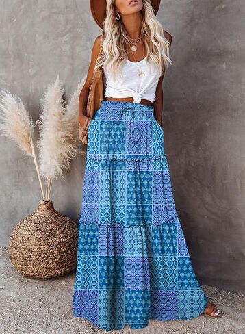 Happy Sailed Womens Floral Print Boho Maxi Skirt Elastic High Waist Pleated Ruffle Flowy Long Skirts S-XL in Kuwait