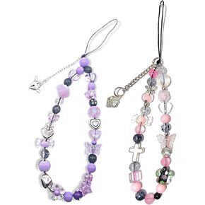 Meefisher 2 PCS Butterfly Y2K Beaded Phone Charm Purple Pink Green Cute Charms Cell Phone Lanyard Strap Handmade Acrylic Flower Wrist Beads Chain Sweet Gifts for Women