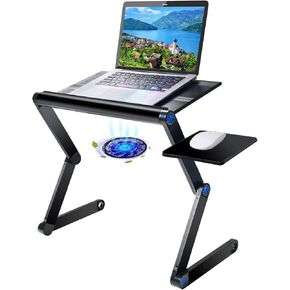 Upgraded Aluminum Laptop Stand Adjustable with Cooling Fan and Mouse Pad, Reinforced Ergonomic Lap Desk Foldable Portable Computer Table for Bed Sofa Couch Office (Extra Wide Tray: 19", Black)