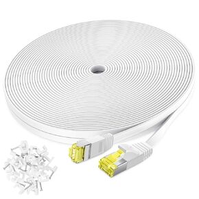 Cat 6 Ethernet Cable 100 ft,High Speed Flat White Cat 6 Internet Network Patch Cord,Long Ethernet Cable with Snagless Rj45 Connectors and Cable Clips-(100 Feet)