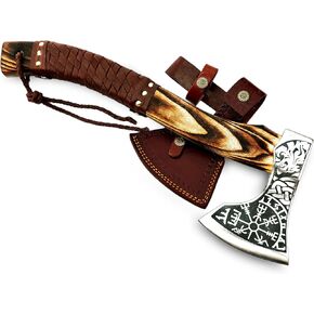 Hand Forged Carbon Steel Etched Viking Axe with (Ash Wood) Handle -with Premium Leather Sheath - Ideal for Camping Axe - Survival Axe - Bushcraft Axe Gift for Him. CX-00786