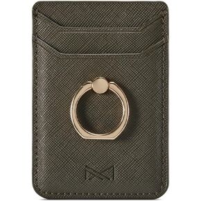 Card Holder Sleeve with Ring, RFID Credit Wallet PU Leather Stick On Back Grip for iPhone Samsung Smartphone - Brown Red