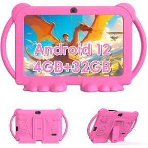 2024 Kids Tablet, 7 inch Android 12 Tablet for Kids, 4GB+32GB ROM+1TB Expand Quad-Core Toddler Tablet with Shockproof Case, BT, WiFi, Parental Control, 2MP+5MP Dual Camera, Games(Pink)