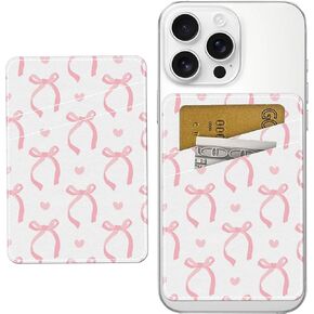Cute Pink Bow Phone Wallet, Dual Pocket Credit Card Sticky Wallet, Compatible with Most Cell Phones, Adults, Unisex, Faux Leather, Phone Accessory, Compact in Kuwait